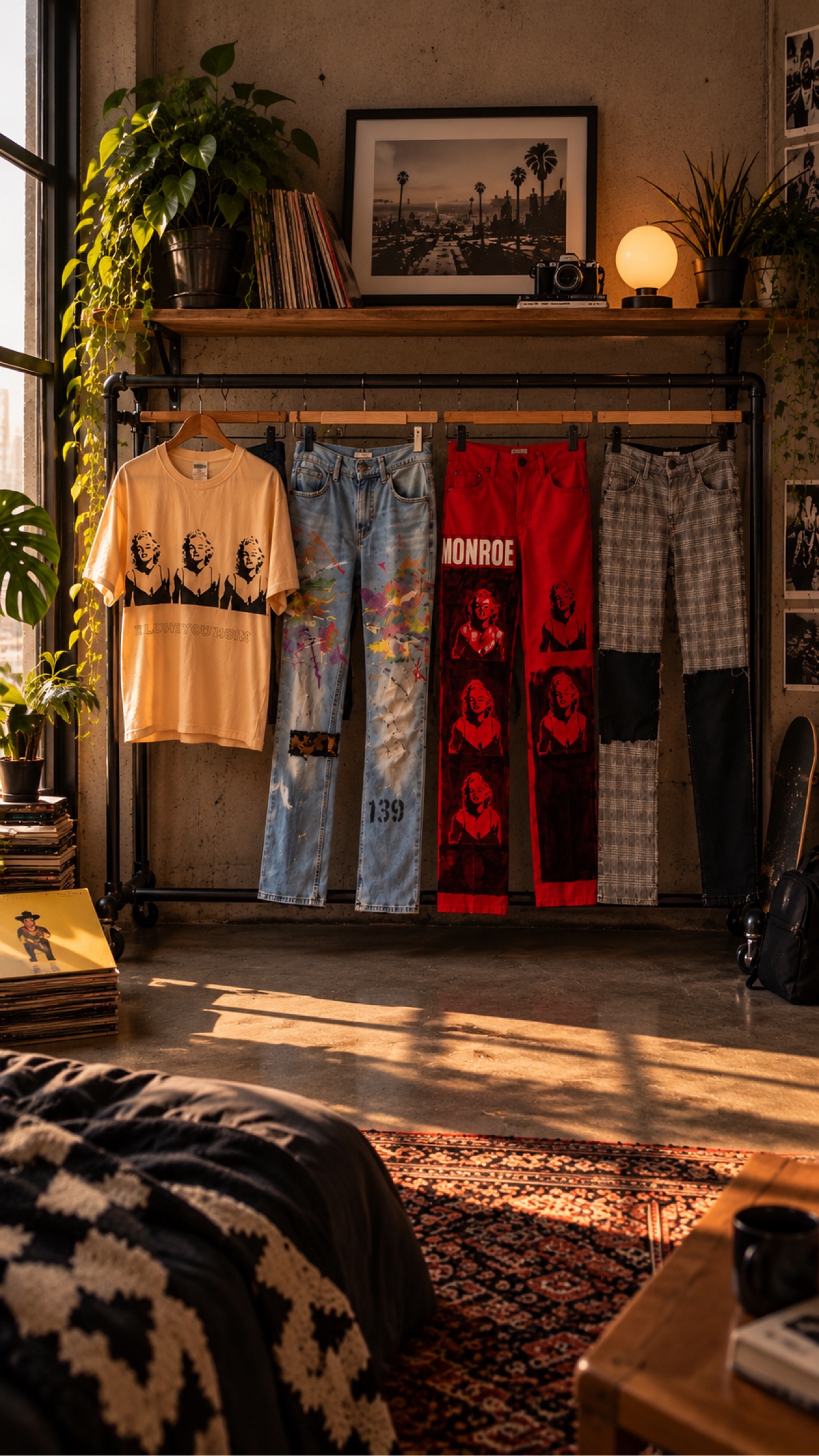 The bedroom, clothes on the rack