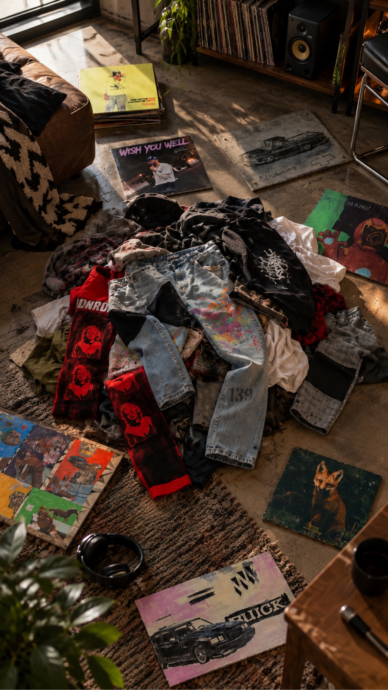 Jay Fischer's loft floor, covered with his clothes, paintings and records